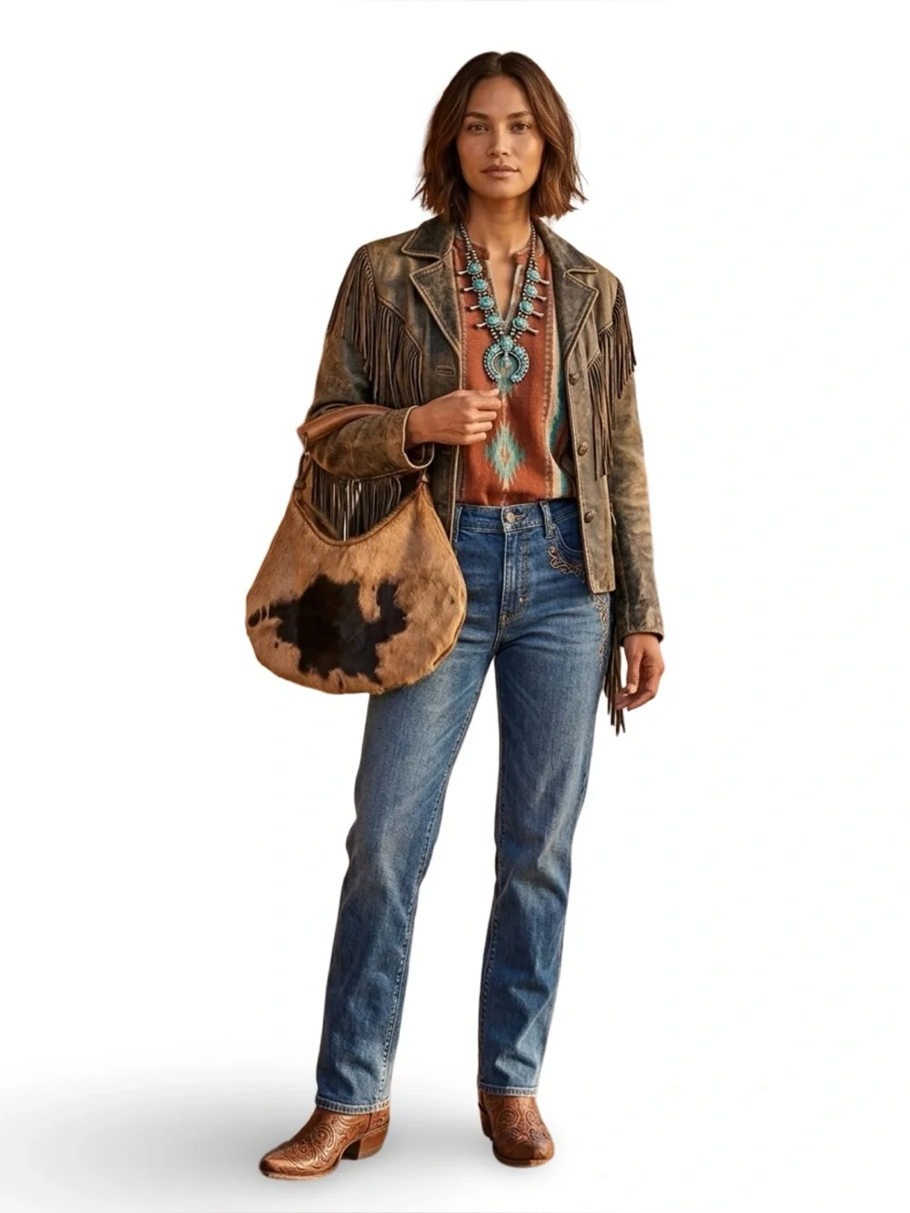 Acid Washed Cowhide Hobo with Wooden Horn Handle